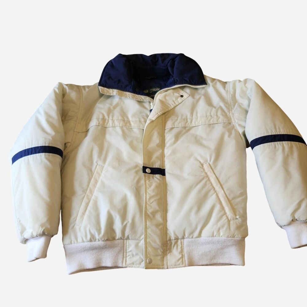 Vtg Field & Stream Gordon Ferguson white and navy puffer jacket Size M